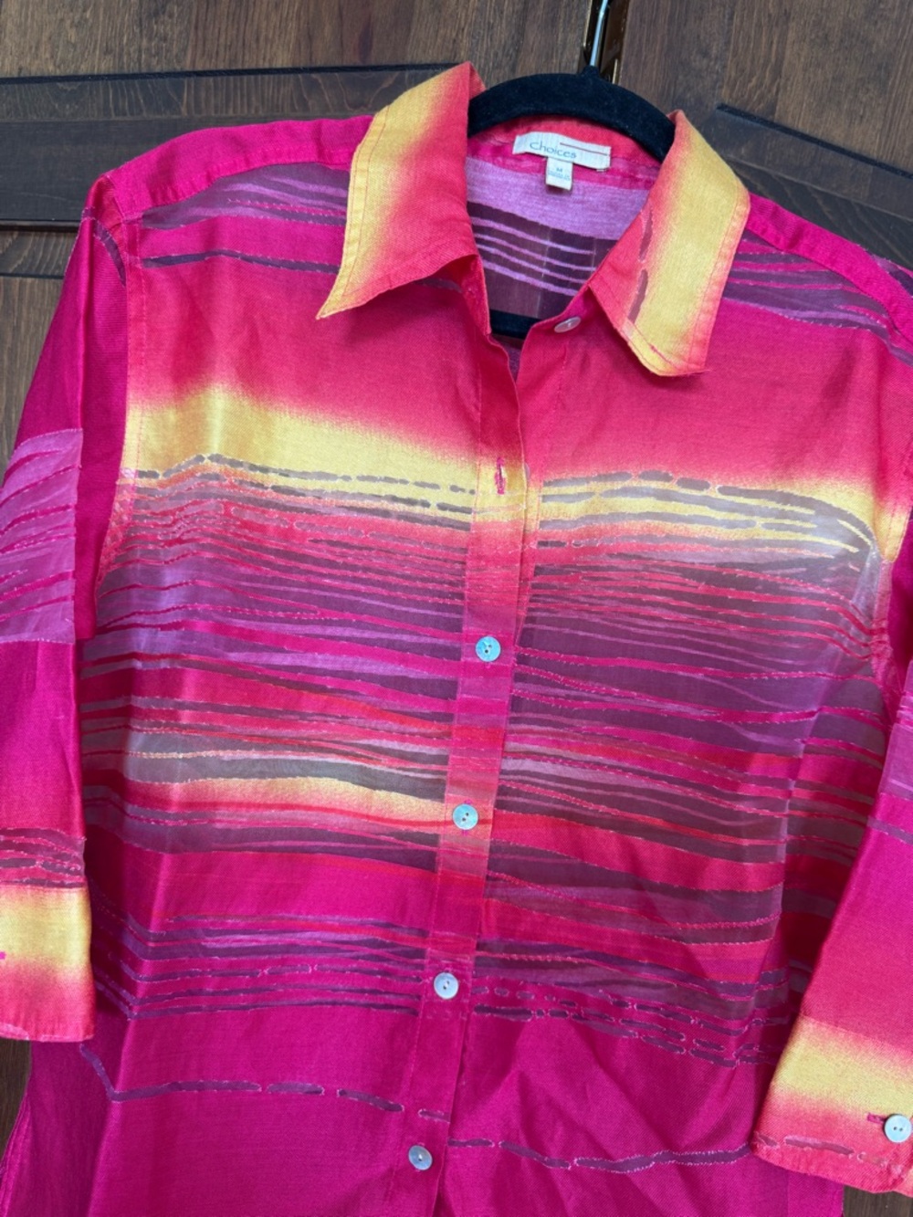 Choices Vibrant Sheer Sunset Gradient Linen Blend Button Up - Size Medium